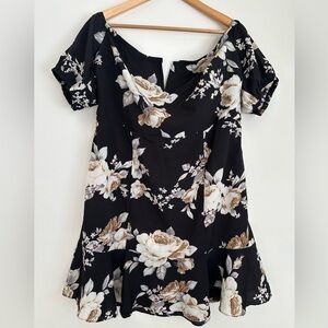 Off Shoulder Floral Mini Dress V Slit Black Size 3X Shein